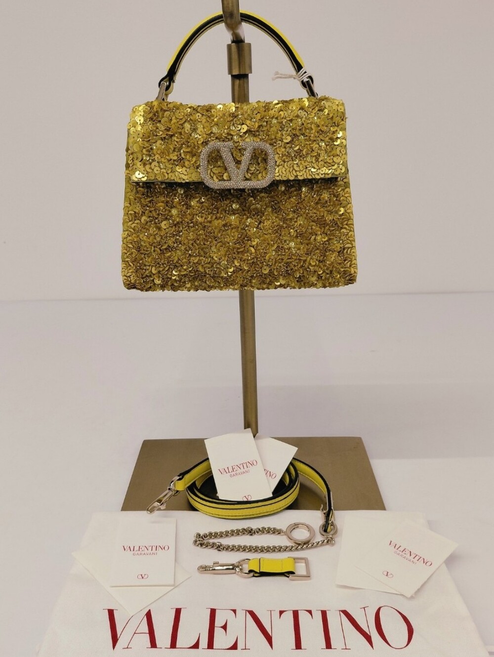 Valentino Garavani Sequin Crystal Embroidered Mini VSling Top Handle Bag- Yellow